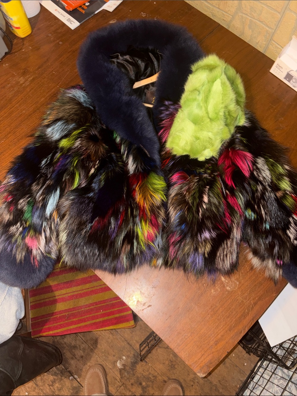 Multi-Color Fox Fur Coat with Lime Green Fox Hat